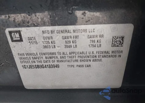 2016 Chevrolet Sonic Ltz Auto из США, поврежденный, VIN 1G1JE5SB9G4133949